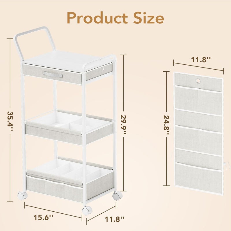BBLIKE 3-Tier Diaper Caddy Organizer - Rolling Utility Baby Cart with Drawer and Side Pockets for Nursery and Baby Essentials, Multi-Function Cart for Bedroom and Bathroom, White - Image 2